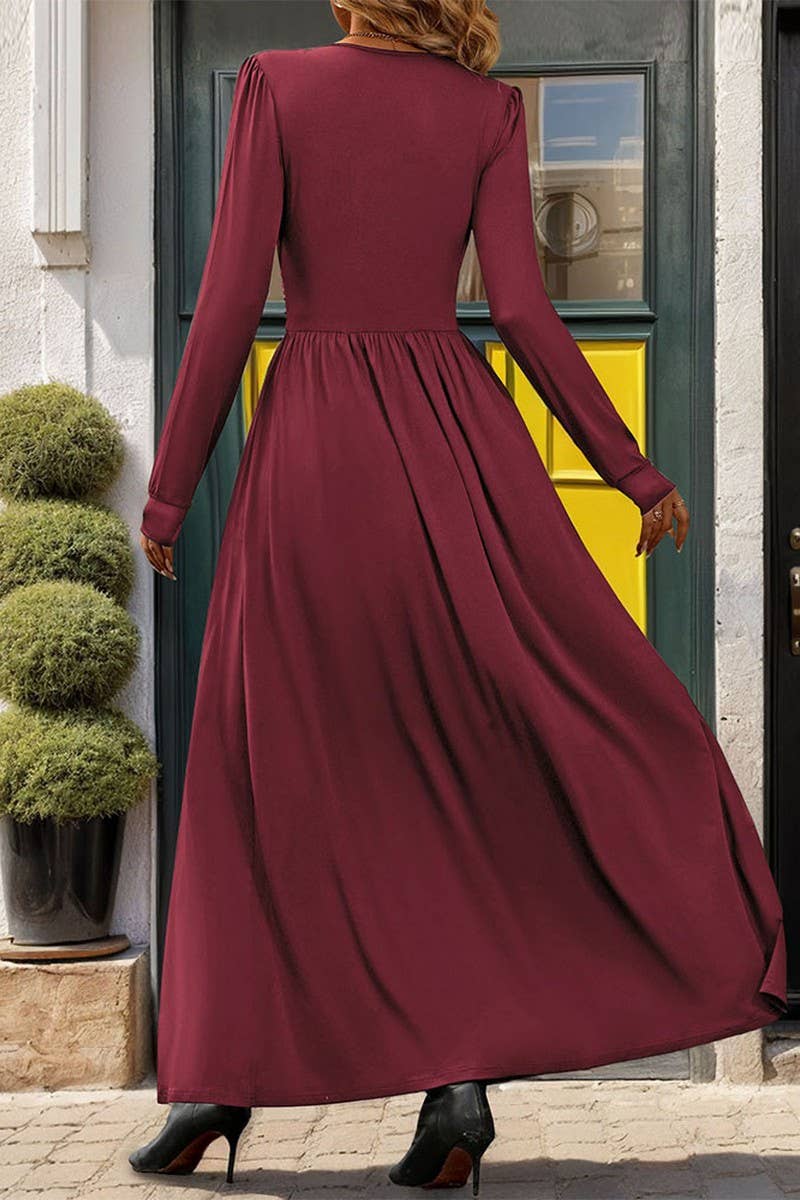 CWDMD3054_SOLID COLOR V-NECK SLIT SLIM LONG SLEEVE DRESS