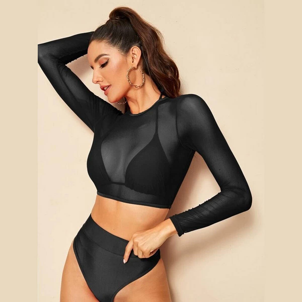 Long Sleeve Cover-Up Bikini Set - High Waist Swimsu