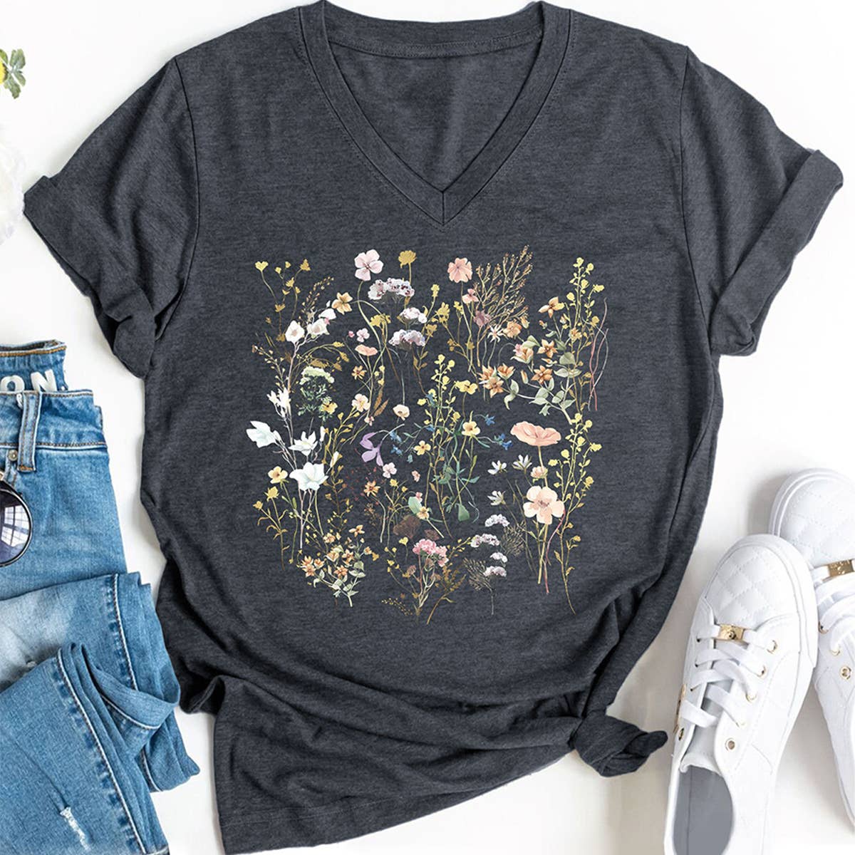 Floral V-Neck Graphic Tee for Women, Loose Fit