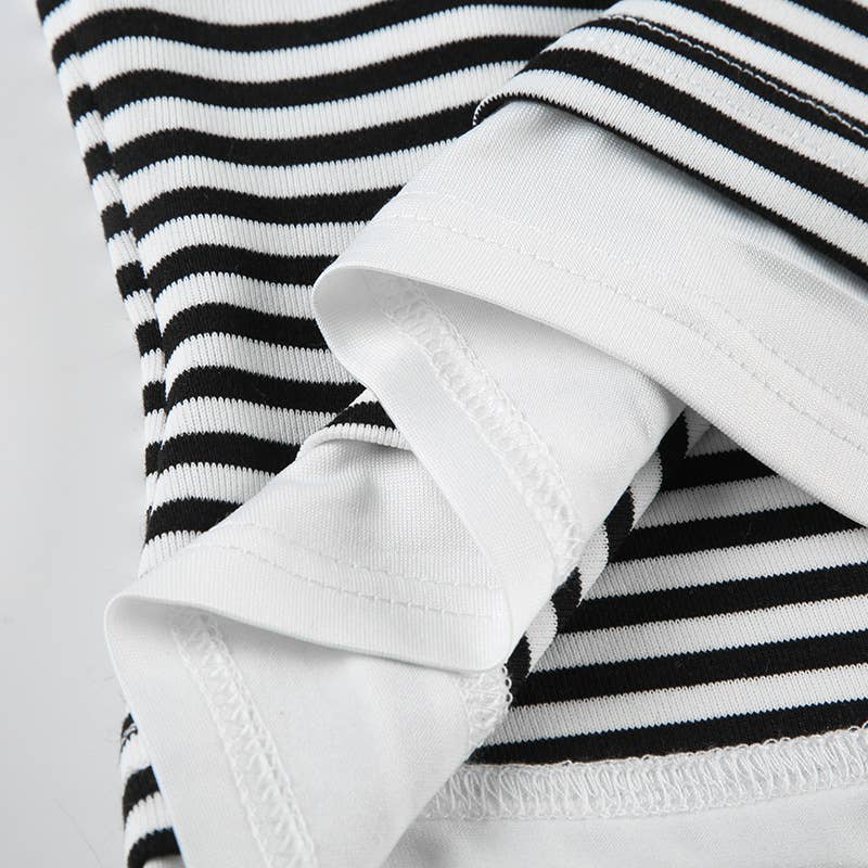 Striped color patchwork V-neck fake two T-shirts