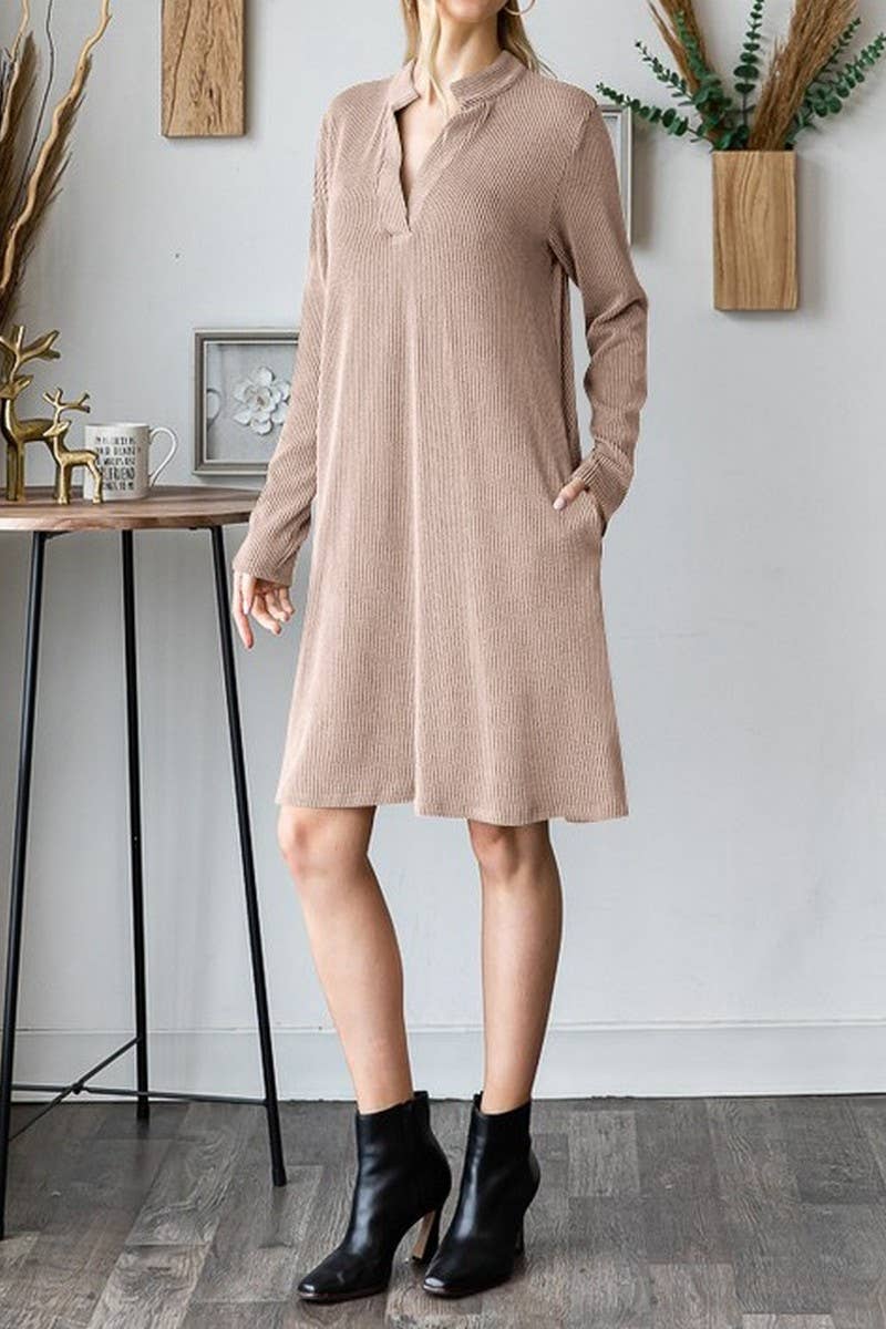 CWDSD6681_SOLID COLOR V-NECK LONG SLEEVE LOOSE DRESS