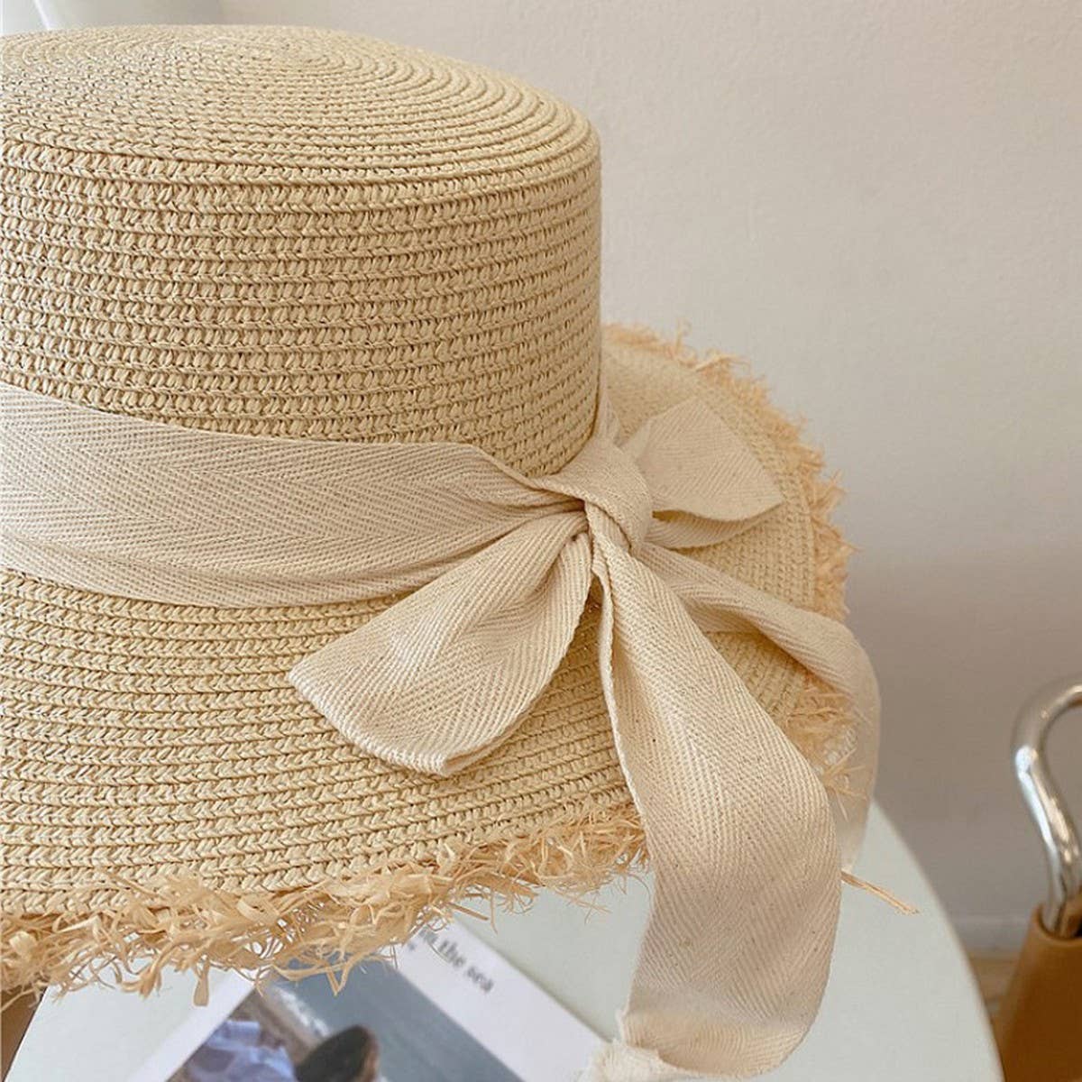 Summer Literary Bow Flat Top Sun Hat_CWAH3392