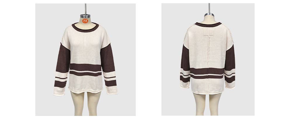 Two-tone round-neck loose and versatile sweater