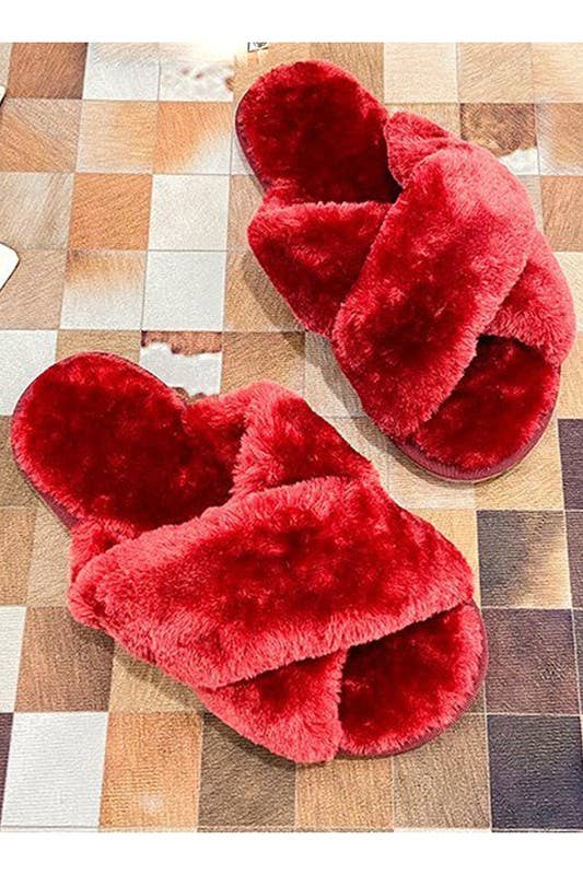 CROSS STRAP FLUFFY CASUAL SLIPPERS