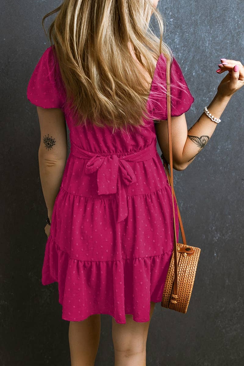 CWDSD5338_SQUARE COLLAR SHORT SLEEVE WAIST DRESS SHORT