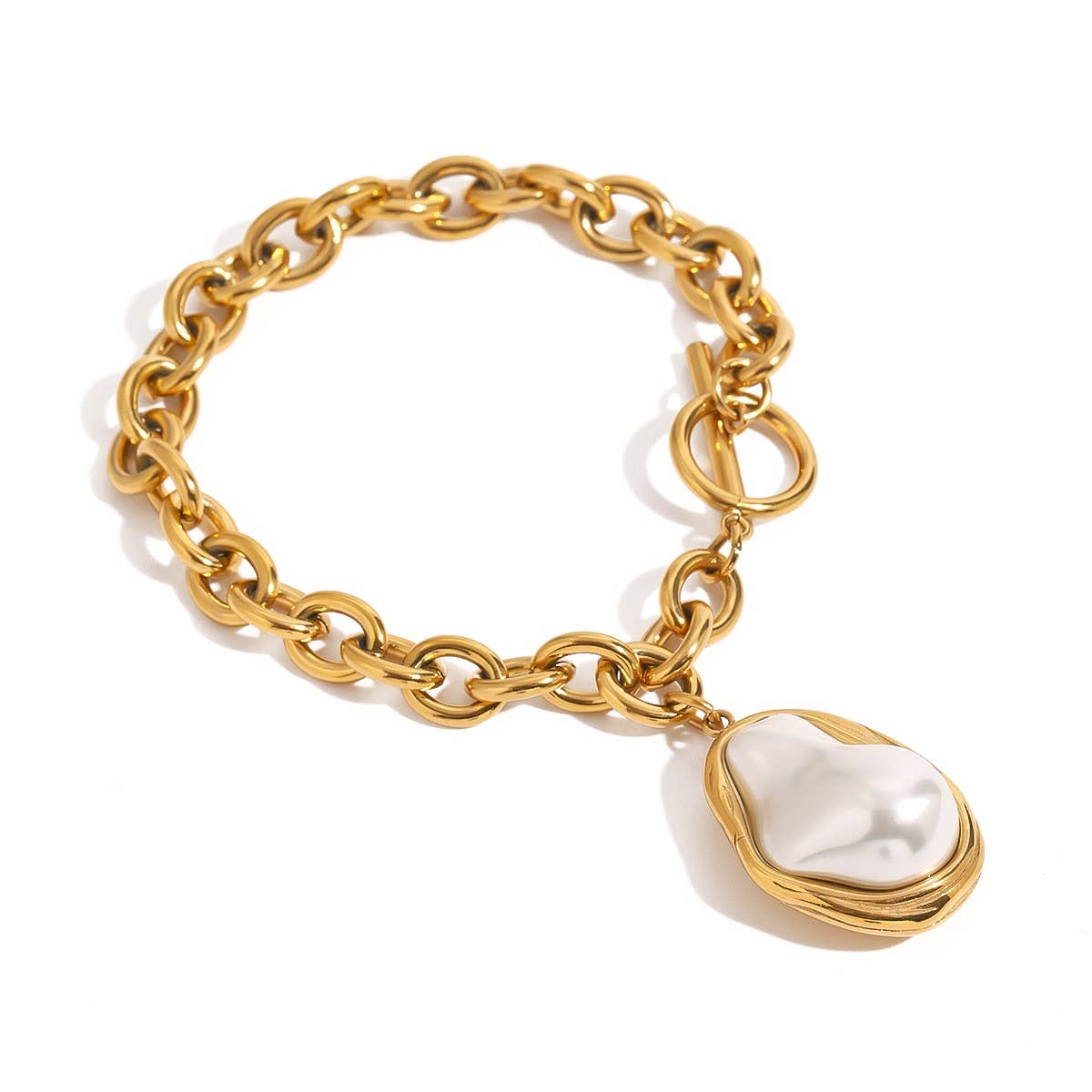 18K Gold Plated Pearl Pendant Cross OT Clasp Chain_CWAJE4759