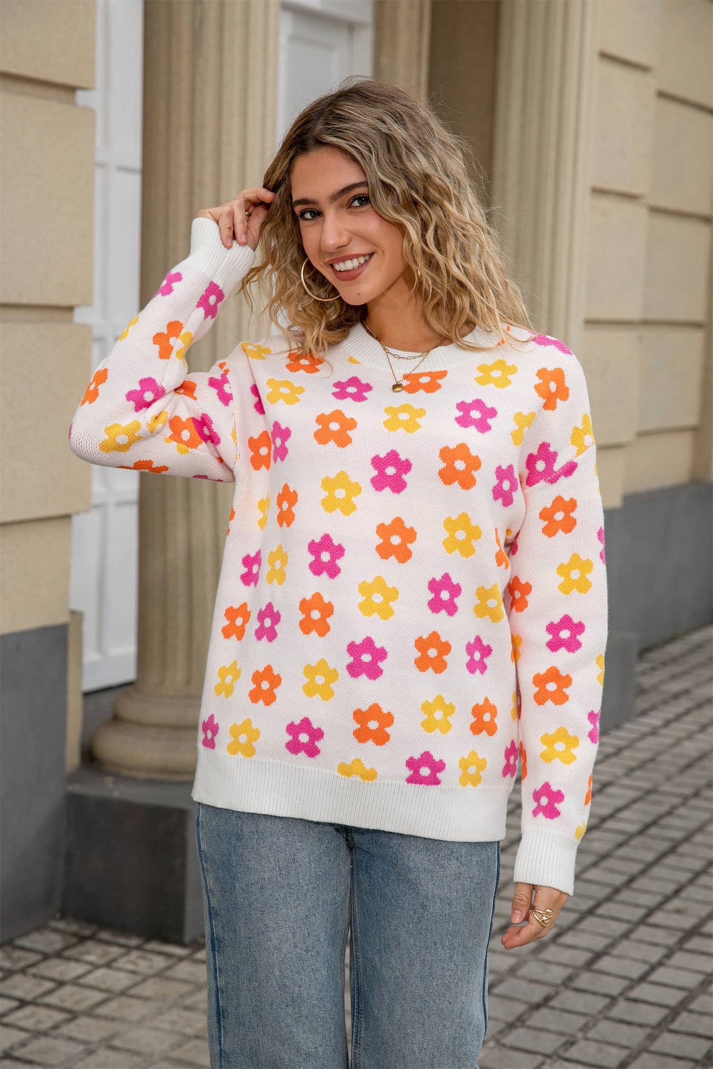 Versatile flower-printed warm threaded sweater