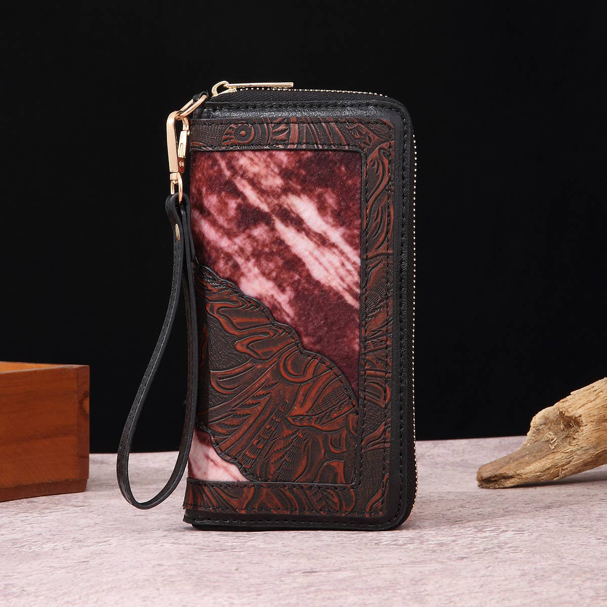 LEATHER CARVED EMBOSSED BOHEMIAN CLUTCH WALLET_CWAB2592