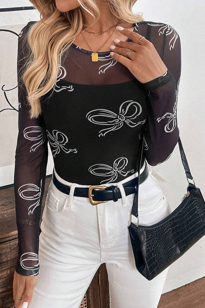 Slim-fit mesh see through bow pullover T-shirt