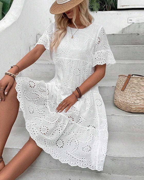 SOLID-COLOR COTTON EMBROIDERED LACE CUTOUT DRESS_CWDSD10724