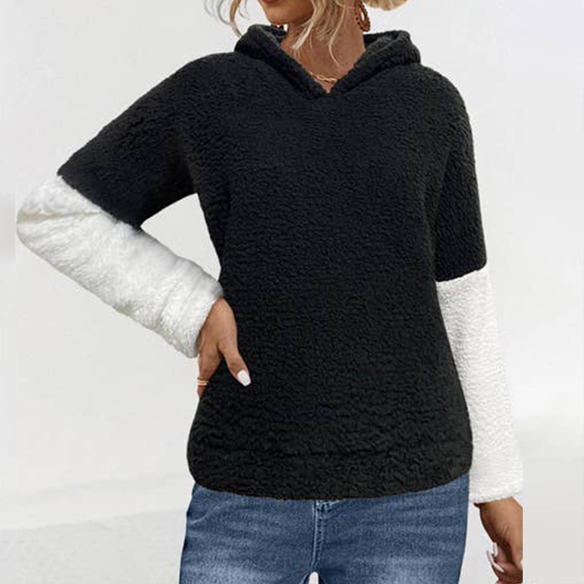 Patchwork Contrast Color Fur Cat Ears Hoodie