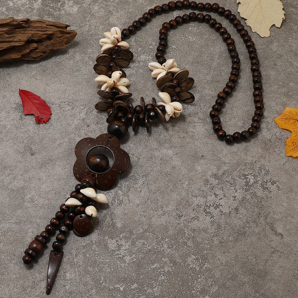 WOODEN BEADS COCONUT SHELL FLOWER HEART NECKLACE_CWMM4399