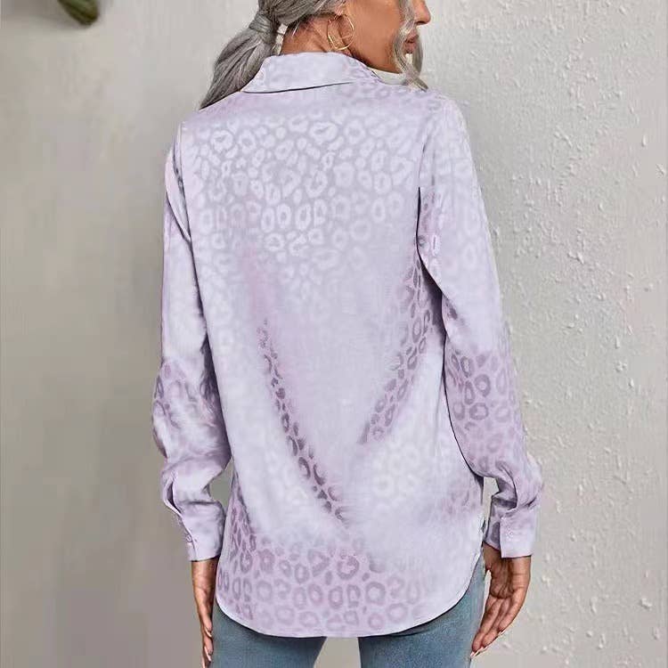 Satin long-sleeved jacquard leopard print shirt