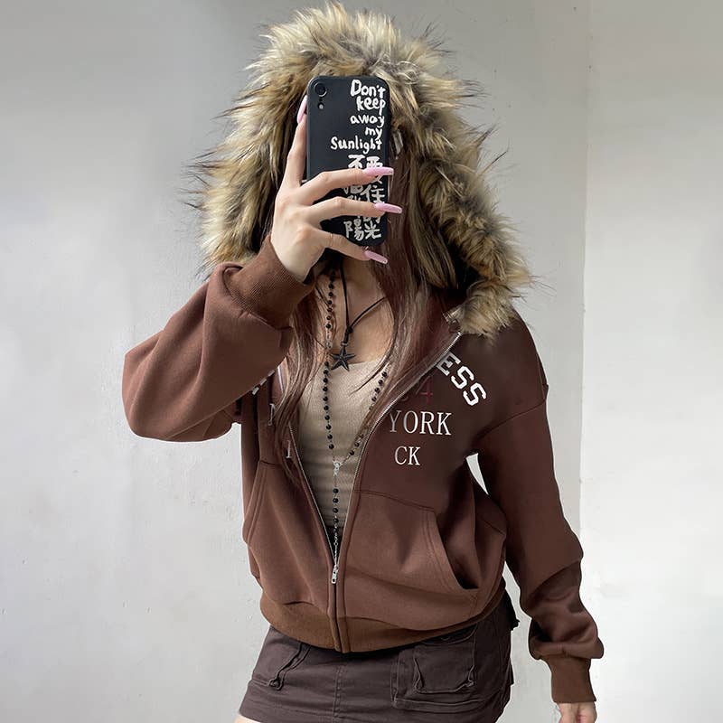 VINTAGE DIGITAL PRINT ZIPPER LOOSE HOODIE COAT