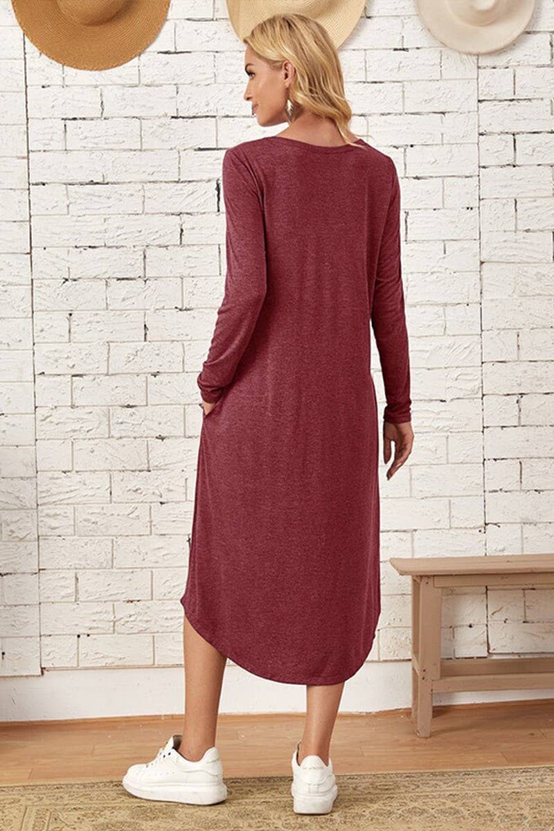 CWDMD3948_SOLID COLOR CASUAL LONG SLEEVE LONG DRESS