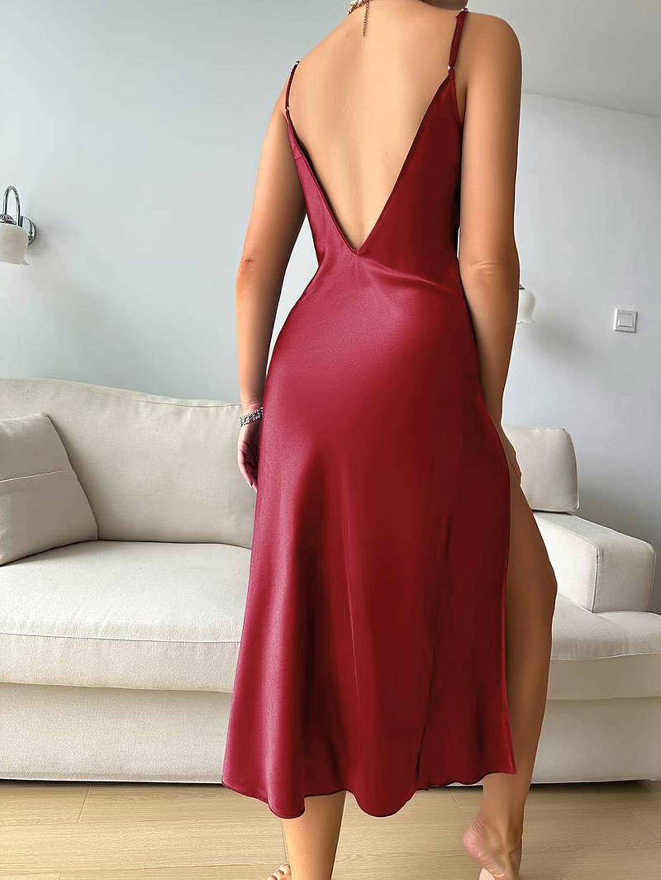 SATIN SLIT SEXY HALTER LONG DRESS