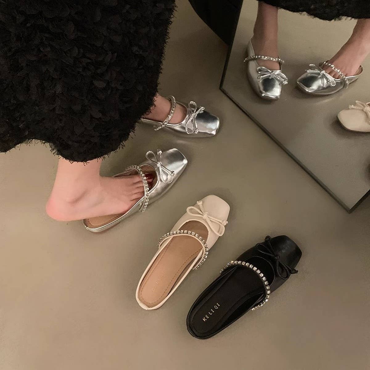 Silver Bow Mules for Women Flat Closed Toe
