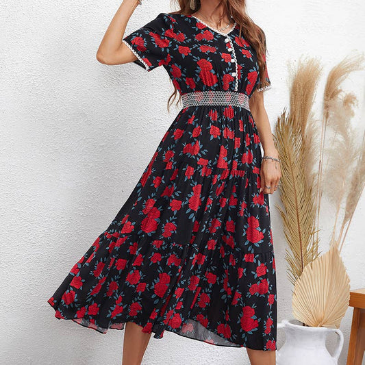 FASHION PRINT SHORT SLEEVE SLIM-FIT LONG DRESS