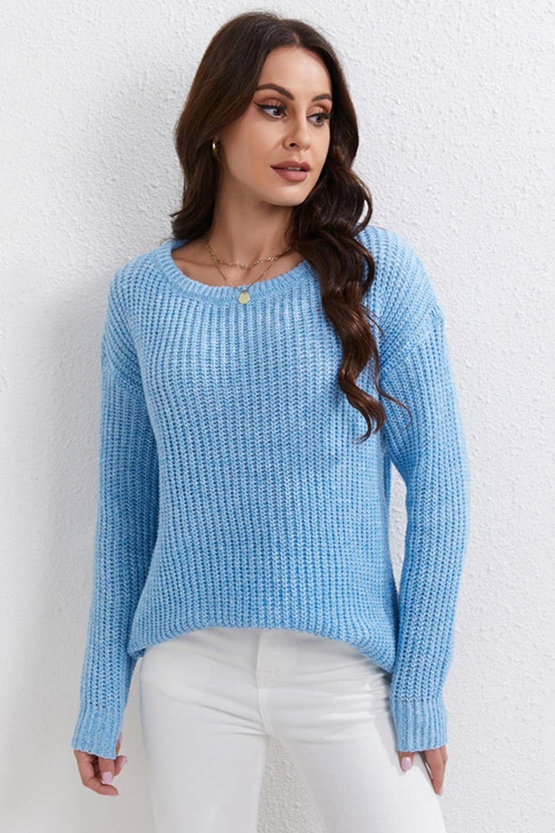 CWOSWL07669_SOLID COLOR ROUND NECK LOOSE PULLOVER SWEATER