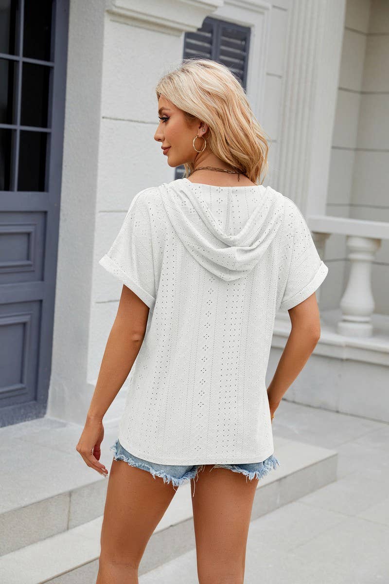 CWOHOS0015_Button Neck Short Sleeve Hoodi Knit Top