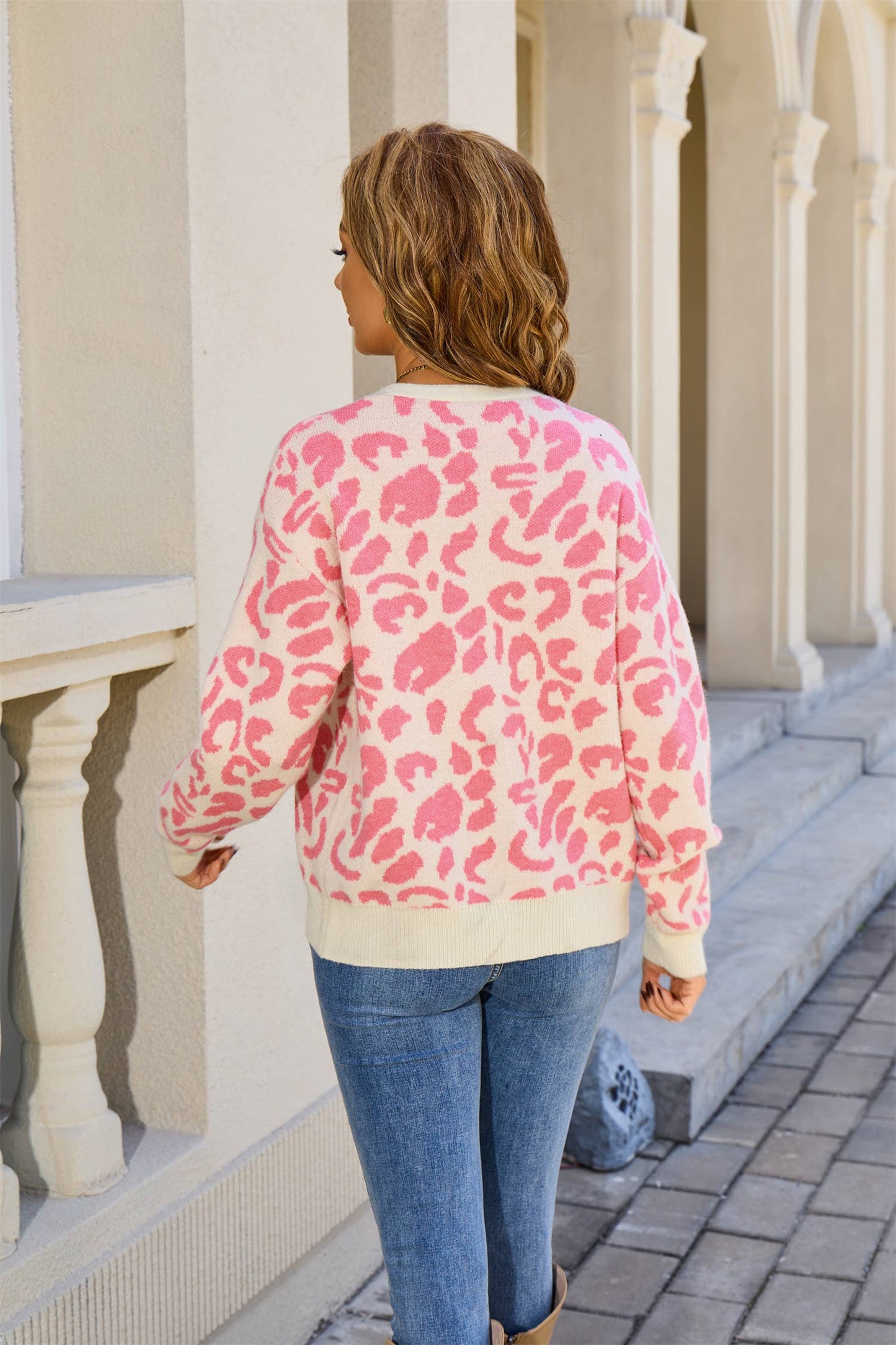 Leopard print jacquard bow tie cardigan