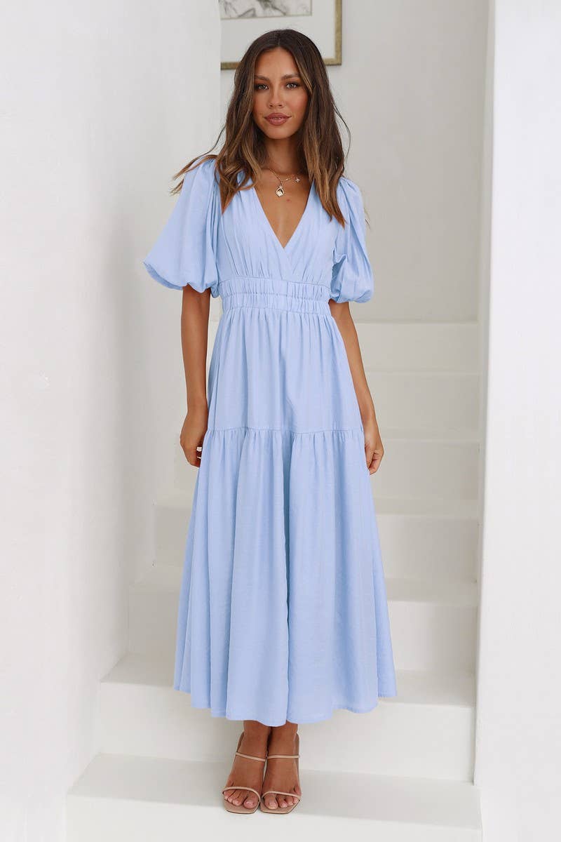 CWDSD8159_LANTERN SLEEVE TIERED FLARE MIDI DRESS