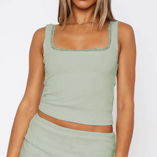 Solid color sexy lace strap square collar vest