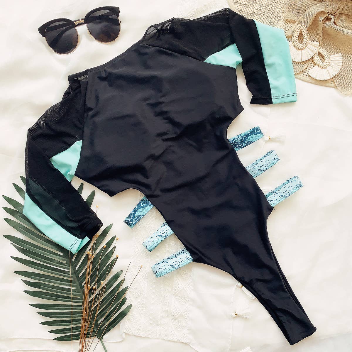 MESH HOLLOW LONG SLEEVE ZIPPER ONE-PIECE SWIMSUIT