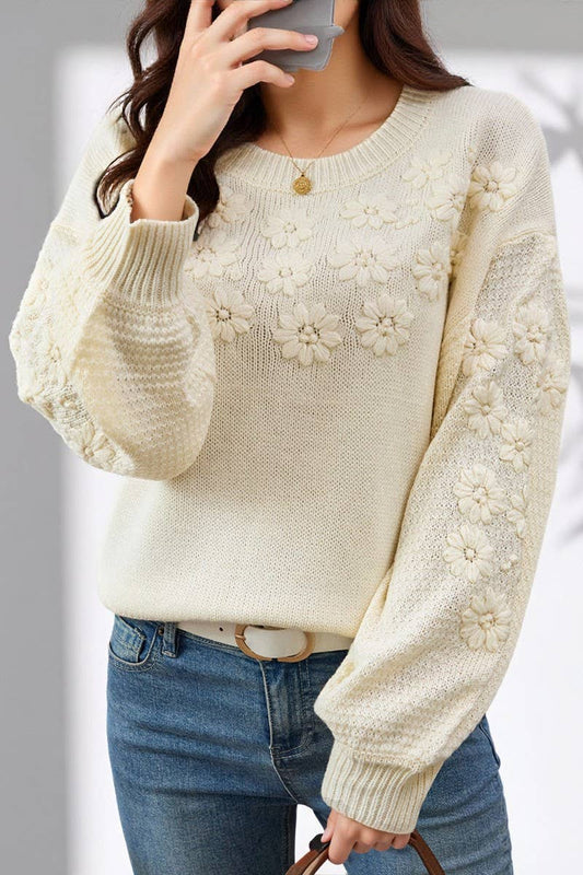 CWOSWL07056_EMBROIDERED 3D DAISY LOOSE KNIT SWEATER