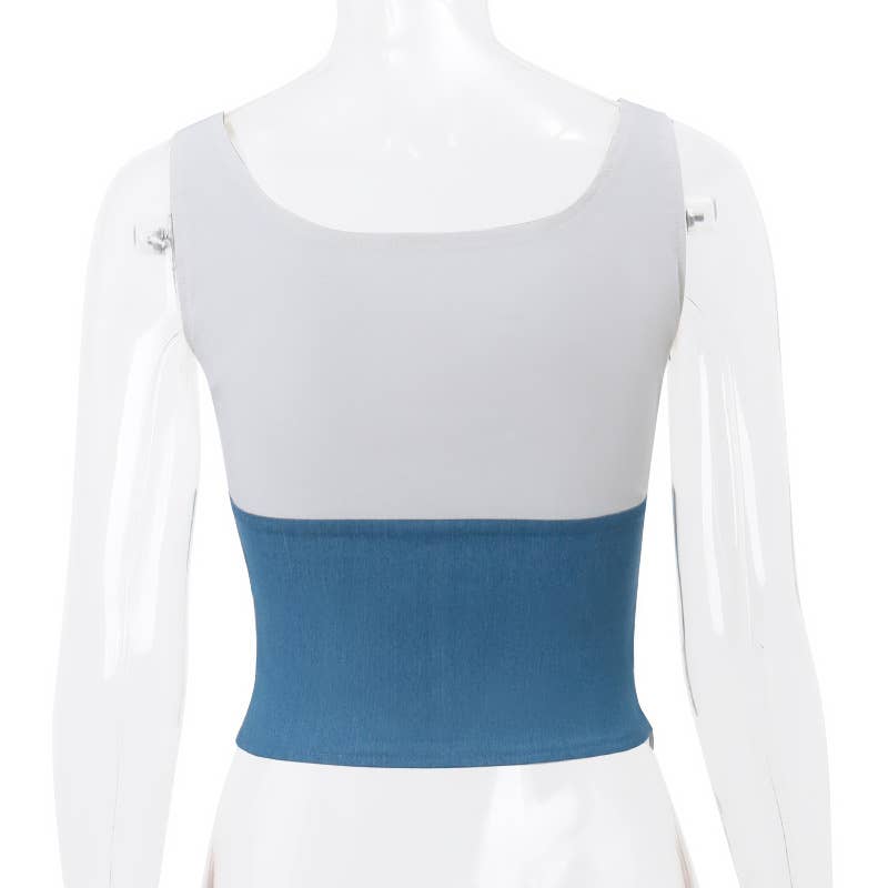 U-neck low-cut color-blocked short halter top