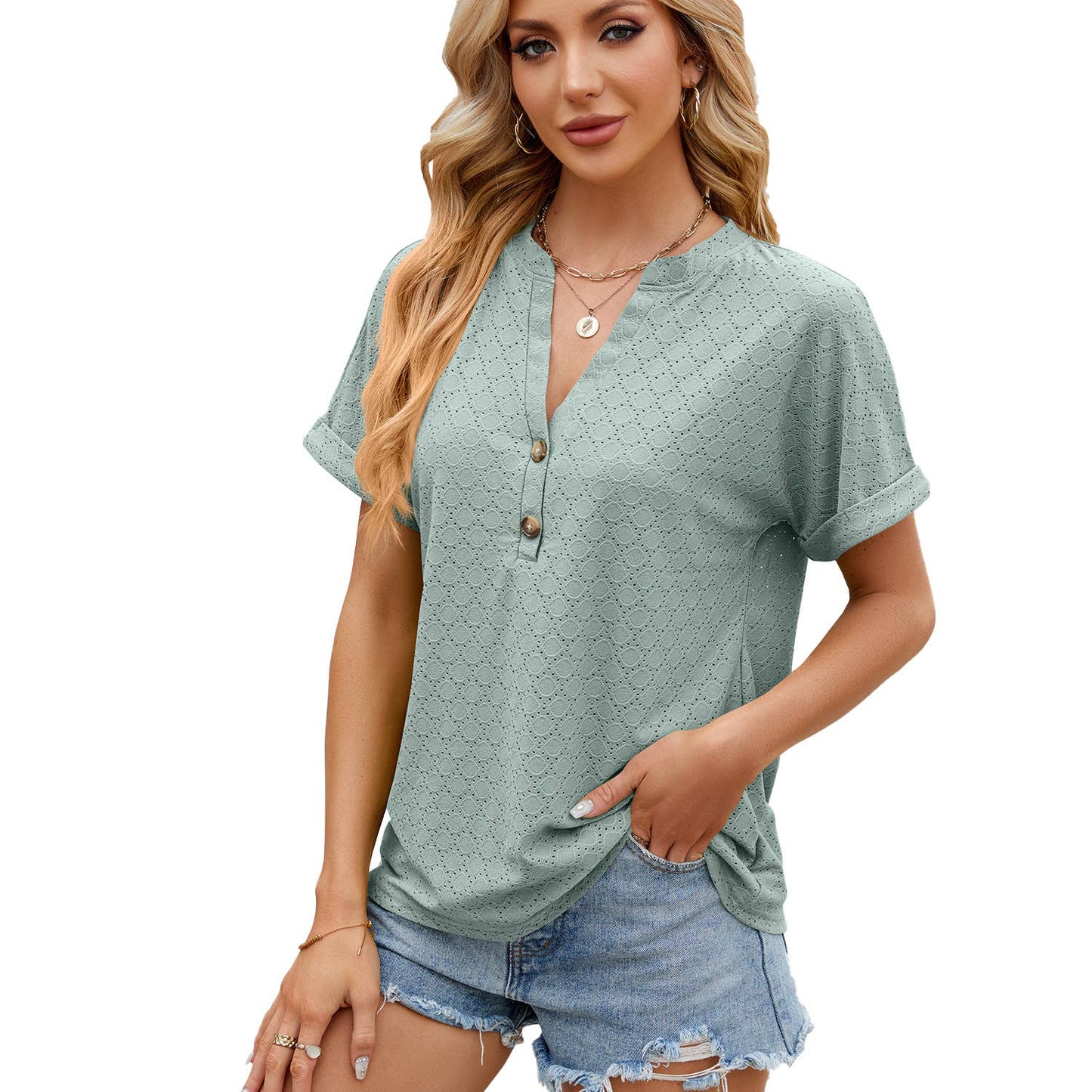 Solid color V-neck loose short-sleeved T-shirt