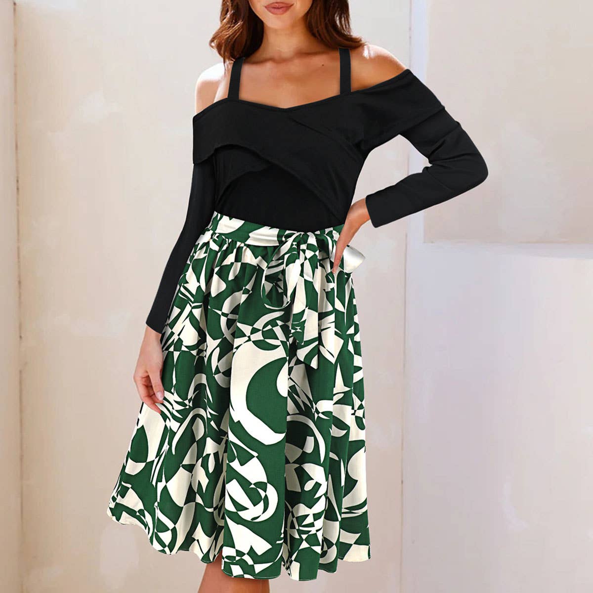 Long Sleeve Off-Shoulder Floral A-Line Dress