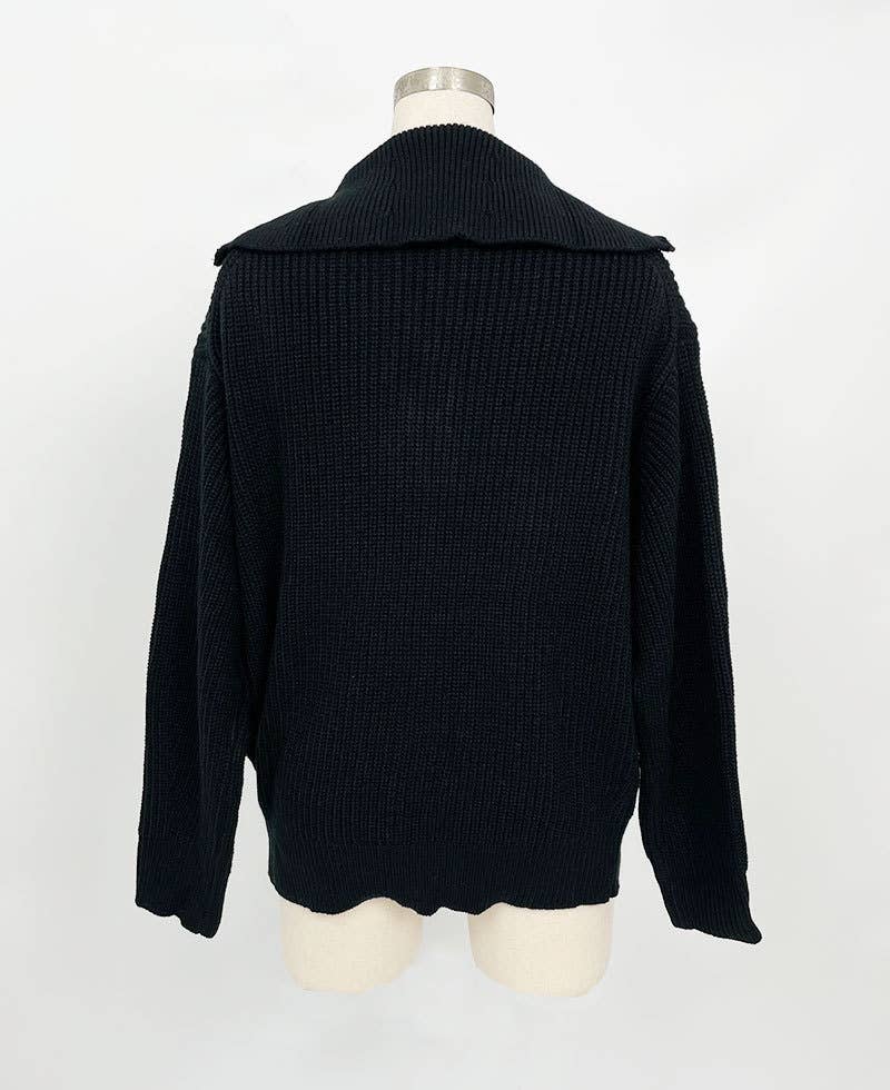 Solid-color high-neck zipper lapel sweater