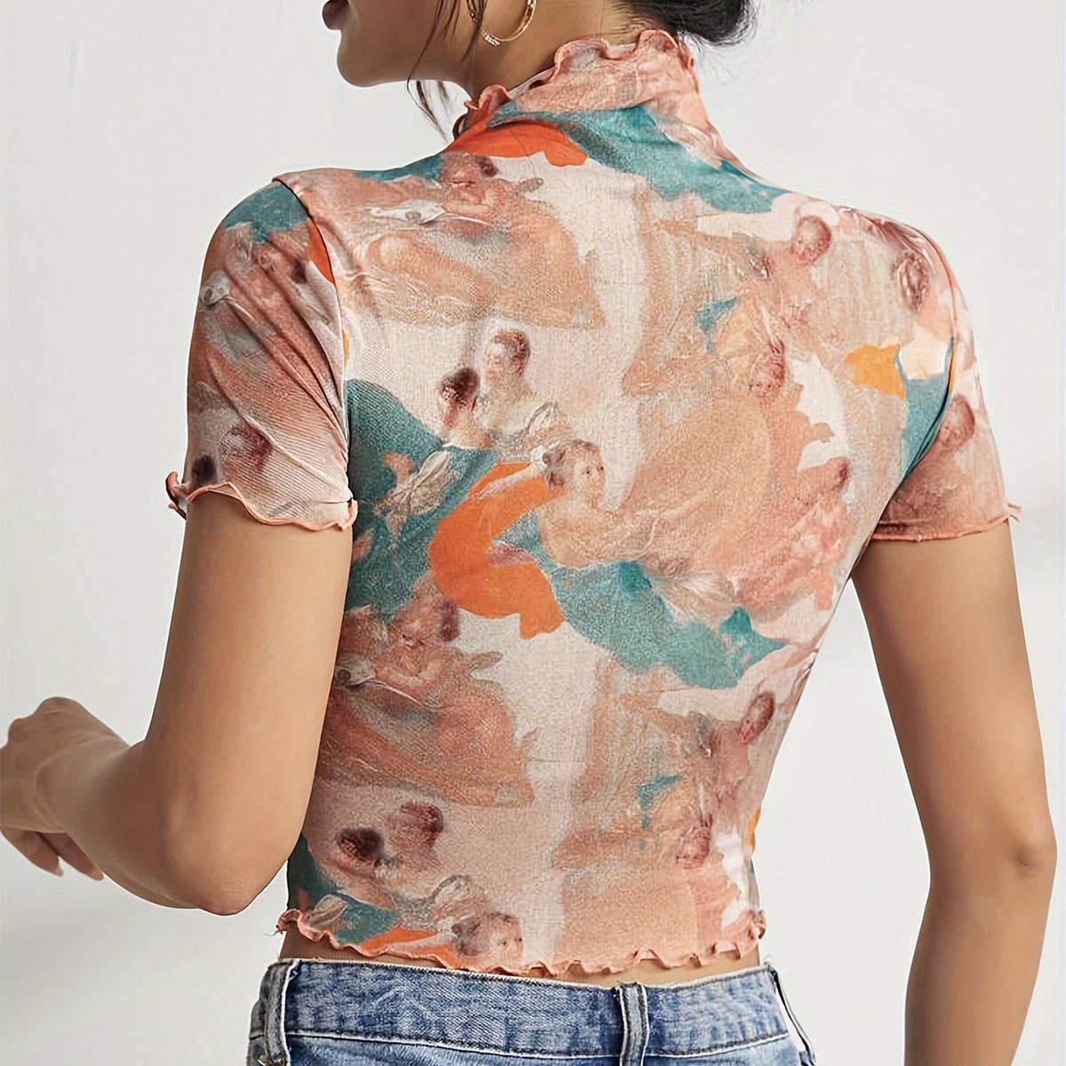 FLORAL PRINT MESH TOP WITH RUFFLE DETAILING
