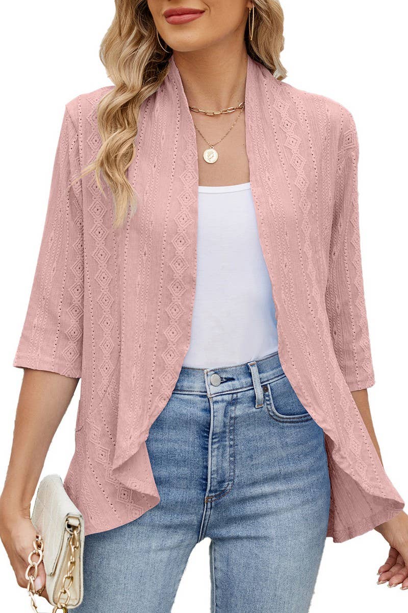 CWOCO1162_SOLID COLOR 3/4 SLEEVE RUFFLED CARDIGAN