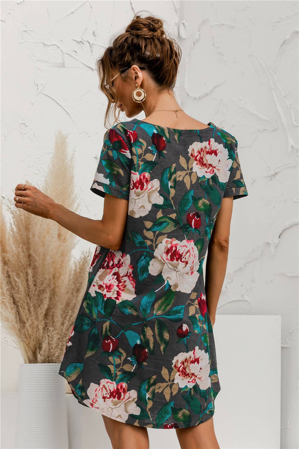SHORT SLEEVE COTTON AND LINEN FLORAL PRINT DRESS