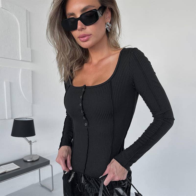 SOLID COLOR SQUARE COLLAR CASUAL ALL-OVER TOP