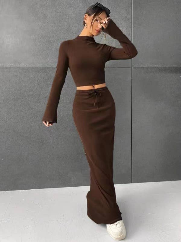 SOLID COLOR LONG SLEEVE TOP LONG SKIRT SET