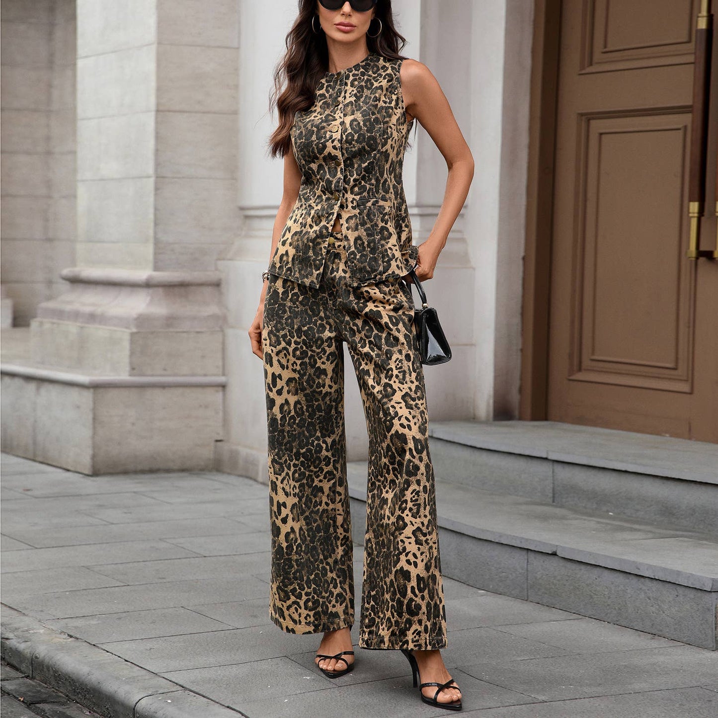 Washed American retro leopard print denim set