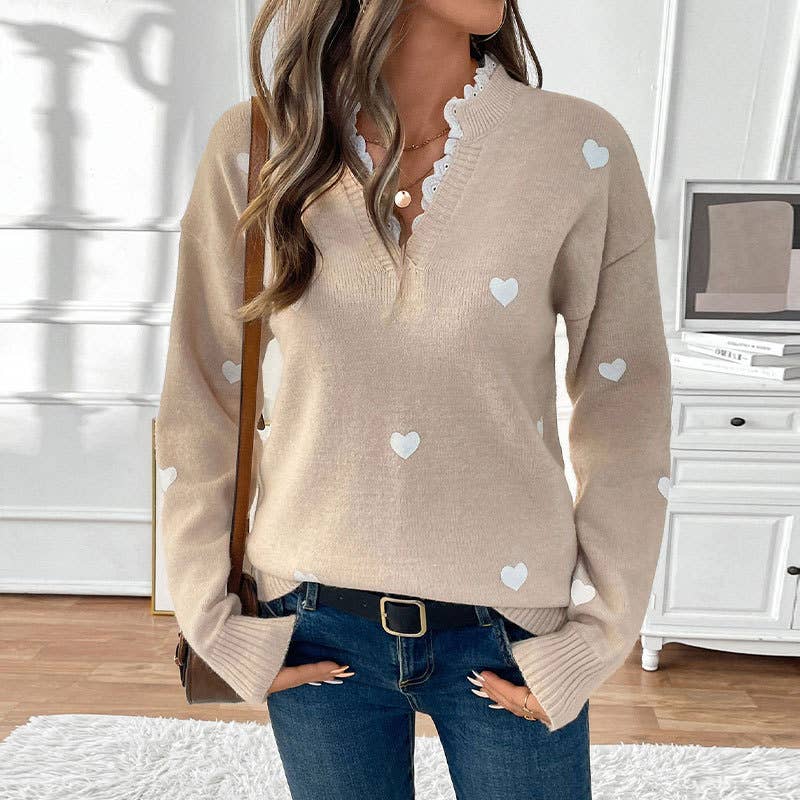 Valentine's Day V-neck lace knitted sweater