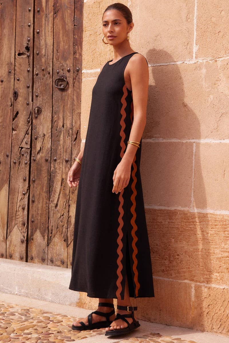 CWDMD5551_SOLID SLEEVELESS LACE PANEL SLIT MIDI DRESS