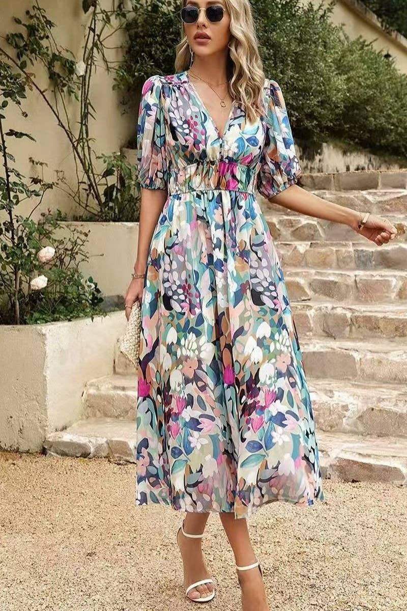 CWDMD5833_FLORAL V-NECK CINCHED WAIST MAXI DRESS