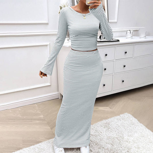 STRIPED KNITTED LONG-SLEEVED HALF-SKIRT SUIT