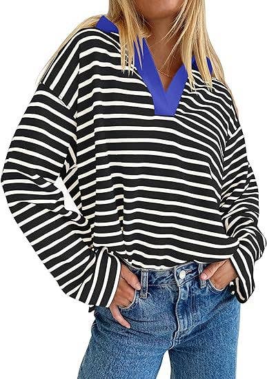 STRIPED V-NECK LOOSE LONG-SLEEVED HOODIE