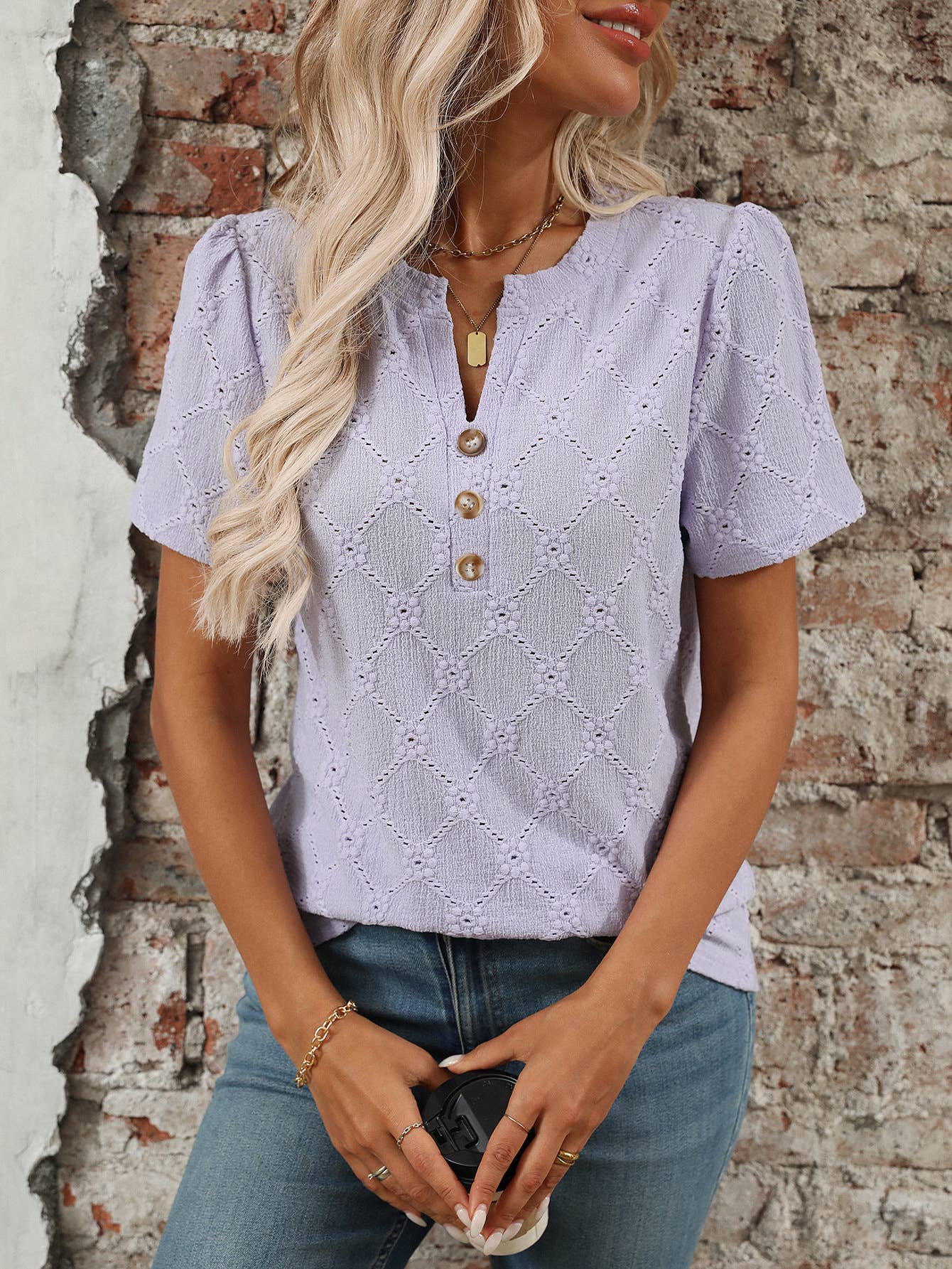 Round-neck short-sleeved floral jacquard T-shirt
