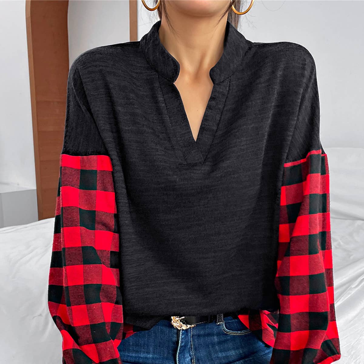 Classic casual patchwork plaid long-sleeved top_cwtbll1768