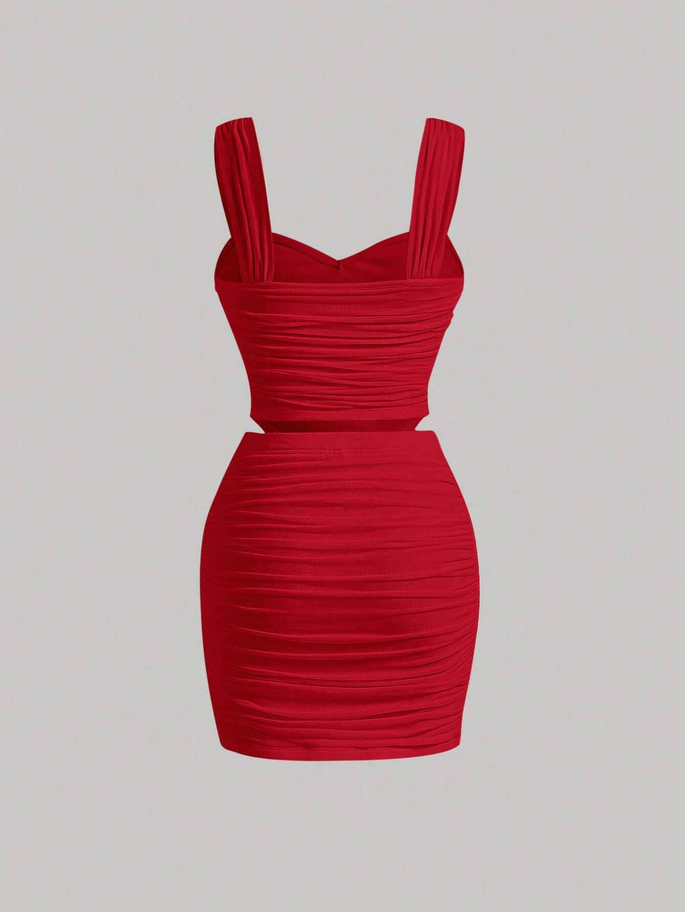 Pleated slim-fit halter top skirt two-piece set