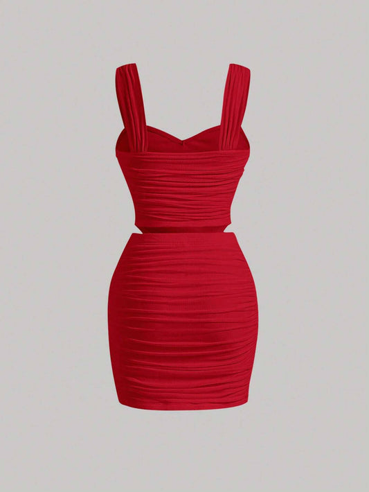 Pleated slim-fit halter top skirt two-piece set