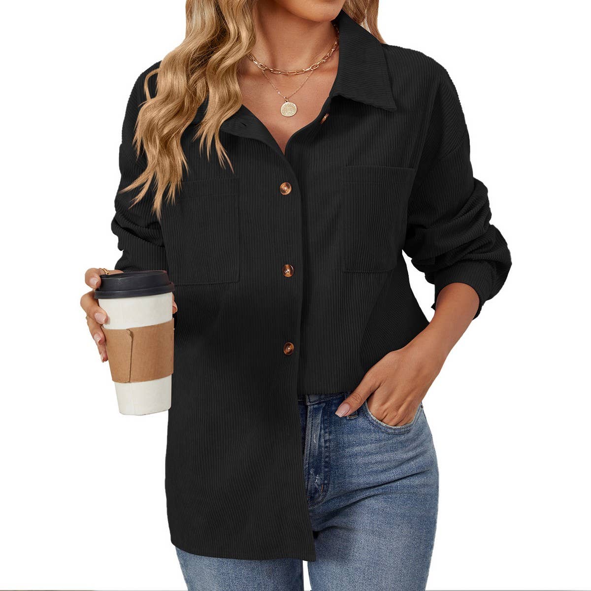 Lapel button solid color patchwork shirt jacket