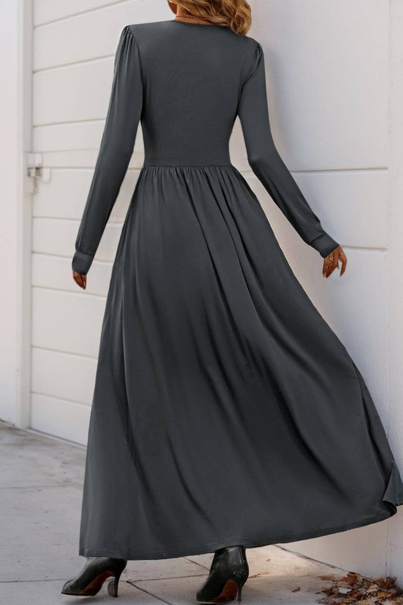 CWDMD3564_V-NECK SOLID COLOR SLIT SLIM MAXI DRESS